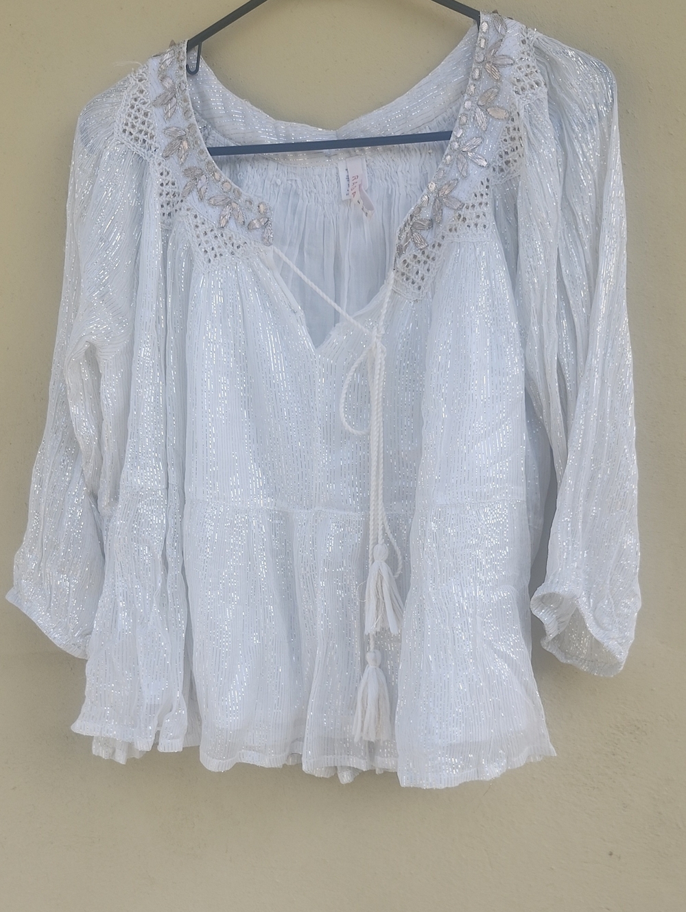 RAGA White Metallic Boho Peasant Blouse with Embellished Neckline